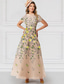 cheap Prom Dresses-Red Floral Embroidered Formal A-Line Mother of the Bride Dress Wedding Elegant Vintage Jewel Neck Floor Length Tulle Short Sleeve with Flower Derby Dress Race Day Dress 2025