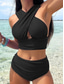 preiswerte Bikini-Sets-Damen Badeanzug Bikinis 2 Stück Unterhosen Bademode Rückenfrei Schlank Hoch tailliert Urlaub Strandbekleidung Feste Farbe Halfterhals Ärmellos Badeanzüge