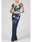 cheap BLUE-Navy Floral Print Column Evening Gown Elegant Dress Formal Satin Wedding Guest Floor Length Short Sleeve Jewel Neck with Glitter Wedding Guest Dress