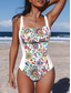 billiga One-piece-baddräkter-Kvinnors baddräkter En bit Monokini baddräkt Rygglös Magekontroll Hög midja Semester Strandkläder Blommig Grafisk U-hals ärmlös badkläder