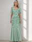 cheap Floor Length-A-Line Mother of the Bride Dress Elegant Vintage Simple V Neck Floor Length Beaded Lace Short Sleeve with Flared Hem