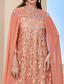 cheap Under $129.99-A-Line Cape Dress Mother of the Bride Dress Elegant Vintage Party Crew Neck Floor Length Chiffon Long Sleeve with Beading Embroidered Lace Applique