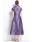 cheap Under $129.99-Mother of the Bride Jacquard Dress Elegant Vintage Party V Neck Tea Length Short Sleeve Crystal Buttons and Belt Wedding Guest Dress
