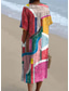 preiswerte Streifen- und geometrische Kleider-Damen Midi Kleid Sundress A-Linie Kleid Leinen Urlaub Lässig Strand Ausgehen Lockere Passform Grafik Geometrisch Kurzarm V-Ausschnitt Pink Blau Khaki Sommer
