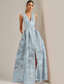 cheap PINK-A-Line Evening Gown Brocade Jacquard Elegant Dress Formal Wedding Floor Length Sleeveless V Neck with Slit Wedding Guest Dress
