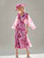 abordables Largo del piso-Vestido A-Line floral rosa para madre de la novia elegante vintage escote en V longitud de suelo chiffon manga corta con volantes vestido de invitada de boda