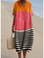 preiswerte Streifen- und geometrische Kleider-Damen Midi Kleid Sommerkleid A-Linie Kleid Leinen Urlaub Lässig Strand Ausgehen Lockere Passform Grafik Geometrisch Kurzarm V-Ausschnitt Weiß Rosa Rot Khaki Sommer