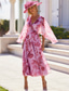 abordables Largo del piso-Vestido A-Line floral rosa para madre de la novia elegante vintage escote en V longitud de suelo chiffon manga corta con volantes vestido de invitada de boda