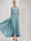 cheap Floor Length-Blue Green Embroidered A-Line Dress Mother of the Bride Dress Elegant Jewel Neck Floor Length Chiffon Half Sleeve Wrap Included with Lace Ruffles Tier 2025