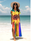 preiswerte Blumenkleider-Damen Maxikleid Sommerkleid A Linie Kleid Urlaub Lässig Täglich Normale Passform Ombre Blumen Grafik Kurzarm V Ausschnitt Grün Sommer