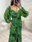 cheap Elegant Floral Dresses-Women&#039;s Long Dress Maxi Dress Party Dress Ruched Dress Fashion Party Evening Party Regular Fit Flower Long Sleeve V Neck Yellow Wine Blue Green Summer
