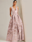 cheap PINK-A-Line Evening Gown Brocade Jacquard Elegant Dress Formal Wedding Floor Length Sleeveless V Neck with Slit Wedding Guest Dress