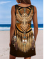 ieftine Rochii boho-Rochie Boho pentru femei rochie western vintage mini rochie în formă de A rochie off the shoulder vacanță petrecere casual pentru ieșiri ajustare standard grafică tribală fără mâneci guler U maro