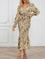 cheap Cocktail Dress-Women&#039;s Midi Dress Cocktail Dress Sheath Dress Fashion Vacation Holiday Tea Party Regular Fit Leopard Long Sleeve V Neck Black Khaki Apricot Summer