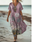 preiswerte Boho Kleid-Damen Maxi Kleid Sommerkleid A-Linie Kleid Urlaub Lässig Urlaub Alltag Regelmäßige Passform Floral Grafik Kurzarm V-Ausschnitt Lila Frühling Herbst