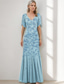 cheap Floor Length-A-Line Mother of the Bride Dress Elegant Vintage Simple V Neck Floor Length Beaded Lace Short Sleeve with Flared Hem