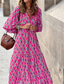 tanie Sukienka Boho na wakacje-Damskie Długa sukienka sukienka maxi Sukienka z nadrukiem Moda Latarnia rękawem Urlop Święto Wyjściowe Regularny Kwiat Rękaw 1/2 W serek Fioletowy Pomarańczowy Czerwona róża Lato