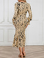 cheap Cocktail Dress-Women&#039;s Midi Dress Cocktail Dress Sheath Dress Fashion Vacation Holiday Tea Party Regular Fit Leopard Long Sleeve V Neck Black Khaki Apricot Summer