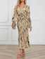 cheap Cocktail Dress-Women&#039;s Midi Dress Cocktail Dress Sheath Dress Fashion Vacation Holiday Tea Party Regular Fit Leopard Long Sleeve V Neck Black Khaki Apricot Summer