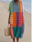 preiswerte Streifen- und geometrische Kleider-Damen Midi Kleid Sundress A-Linie Kleid Leinen Urlaub Lässig Strand Ausgehen Lockere Passform Grafik Geometrisch Kurzarm V-Ausschnitt Pink Blau Khaki Sommer