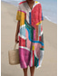 preiswerte Streifen- und geometrische Kleider-Damen Midi Kleid Sundress A-Linie Kleid Leinen Urlaub Lässig Strand Ausgehen Lockere Passform Grafik Geometrisch Kurzarm V-Ausschnitt Pink Blau Khaki Sommer