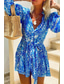ieftine Rochie Boho de vacanță-Pentru femei Rochie Mini Rochie imprimata Modă Zilnic Concediu Dată Fit regulat Floare Lungime Manșon 3/4 În V Albastru piscină Vară