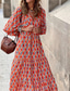 tanie Sukienka Boho na wakacje-Damskie Długa sukienka sukienka maxi Sukienka z nadrukiem Moda Latarnia rękawem Urlop Święto Wyjściowe Regularny Kwiat Rękaw 1/2 W serek Fioletowy Pomarańczowy Czerwona róża Lato