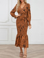 cheap Cocktail Dress-Women&#039;s Midi Dress Cocktail Dress Sheath Dress Fashion Vacation Holiday Tea Party Regular Fit Leopard Long Sleeve V Neck Black Khaki Apricot Summer