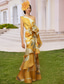 cheap YELLOW-Yellow A-Line Evening Gown Vintage Dress Formal Prom Floor Length Sleeveless One Shoulder Satin with Glitter Floral Print Ruffles Wedding Guest Dress 2025