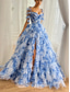 economico Abiti per feste da ballo-Abiti da prom A-Line blu a strati Abiti corsetti Abito semi formale Matrimonio Lunghezza a terra Senza maniche Abito a cuore Organza Stampa floreale Dettagli arricciati con spacco alto Abito per