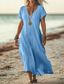 economico Vestito bianco-Vestito midi da donna abito da sole vestito estivo casual quotidiano da vacanza spiaggia vestibilità regolare in lino simile semplice a manica corta scollo a V bianco rosa blu verde estate