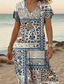 abordables Robes Boho-Femmes Robe Midi Robe d&#039;Été Robe trapèze Robe d&#039;été Vacances Occasionnel Quotidien Coupe régulière Fleuri Graphique Manche Courte Col en V Bleu Été Printemps Automne