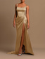 abordables Rose-Robe de Soirée Sirène Haute Fente Invité de Mariage Cocktail Fête Longueur de Sol Sans Manches Col Arrondi Robe de Demoiselle d&#039;Honneur Satin avec Robe Mascarade Froncée