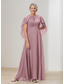 cheap Floor Length-Cape Dress A-Line Mother of the Bride Dress Elegant Simple Wedding Guest Dress Minimalist Crew Neck Floor Length Chiffon Beaded Lace Short Sleeve with Lace Beading
