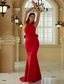 baratos Vestidos Baile Formatura-Vestidos de Baile Sereia  Trompete Vermelho Vestido Convidada Casamento Rastro  Cauda Varredura Sem Manga Gola Halter Com Flores
