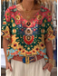 cheap Boho tee-Women&#039;s T Shirt Graphic Geometric Color Block Bohemia Vintage Tropical Short Sleeve V Neck Regular Tops Daily Weekend Print Yellow Orange Summer Spring