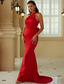 baratos Vestidos Baile Formatura-Vestidos de Baile Sereia  Trompete Vermelho Vestido Convidada Casamento Rastro  Cauda Varredura Sem Manga Gola Halter Com Flores