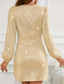 abordables Robes à paillettes-Femmes Mini Robe Robes à paillettes Robe Décontractée Mode Moderne Quotidien Week-end Coupe régulière Uni manche longue Col en V Abricot Été