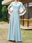 cheap Floor Length-Cape Dress A-Line Mother of the Bride Dress Elegant Simple Wedding Guest Dress Minimalist Crew Neck Floor Length Chiffon Beaded Lace Short Sleeve with Lace Beading