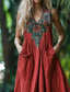 cheap Boho Dress-Women&#039;s Midi Dress Vintage Dress Boho Dress Print Dress Western Dress Vintage Classic Vacation Holiday Going out Regular Fit Flower Sleeveless V Neck Red Summer