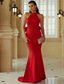 baratos Vestidos Baile Formatura-Vestidos de Baile Sereia  Trompete Vermelho Vestido Convidada Casamento Rastro  Cauda Varredura Sem Manga Gola Halter Com Flores