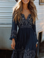 cheap Boho Dress-Women&#039;s Midi Dress Boho Dress Western Dress Fashion Classic Holiday Going out Weekend Regular Fit Flower Long Sleeve V Neck Dark Blue Summer