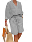 abordables Ensembles-Femmes Mode Streetwear Chemise Ensembles en coton et lin Ensembles deux pièces Shorts de plage Manche Courte Col en V Couleur Unie Cordon de serrage Tenue quotidienne Date Bleu Kaki Gris Été Coupe