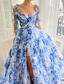 economico Abiti per feste da ballo-Abiti da prom A-Line blu a strati Abiti corsetti Abito semi formale Matrimonio Lunghezza a terra Senza maniche Abito a cuore Organza Stampa floreale Dettagli arricciati con spacco alto Abito per
