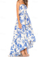 cheap Cocktail Dresses-Blue A-Line Cocktail Dresses Elegant Dress Semi Formal Beach Wedding Floor Length Sleeveless Strapless Satin with Floral Print Ruffles Wedding Guest Dress 2025