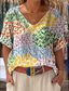 cheap Boho tee-Women&#039;s T Shirt Graphic Geometric Color Block Bohemia Vintage Tropical Short Sleeve V Neck Regular Tops Daily Weekend Print Yellow Orange Summer Spring