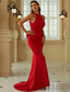 baratos Vestidos Baile Formatura-Vestidos de Baile Sereia  Trompete Vermelho Vestido Convidada Casamento Rastro  Cauda Varredura Sem Manga Gola Halter Com Flores