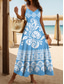 preiswerte Boho Kleider-Damen Maxikleid A Linie Kleid Unterkleid Urlaub Lässig Strand Normale Passform Grafik Geometrisch Ärmellos V Ausschnitt Spaghettiträger Rosa Blau Grün Sommer Frühling