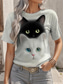cheap Animals tee-Women&#039;s T Shirt Graphic Animal Cat Vintage Stylish Classic Short Sleeve Crew Neck Round Neck Regular Tops Daily Print Gray Summer