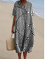 preiswerte Streifen- und geometrische Kleider-Damen Midikleid Sommerkleid A Linie Kleid Urlaub Lässig Strand Party Ausgehen Strand Lässiger Schnitt Grafik Geometrisch Kurzarm V Ausschnitt Weiß+Schwarz Dunkelbraun Asche Sommer Frühling